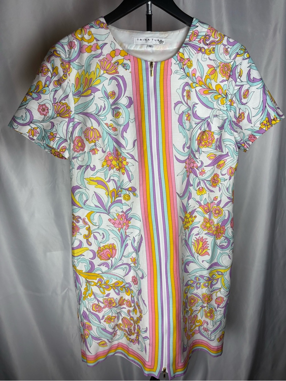 Trina Turk Womens 12 Floral Shift Dress Multicolor Stripe Zip Front Cotton